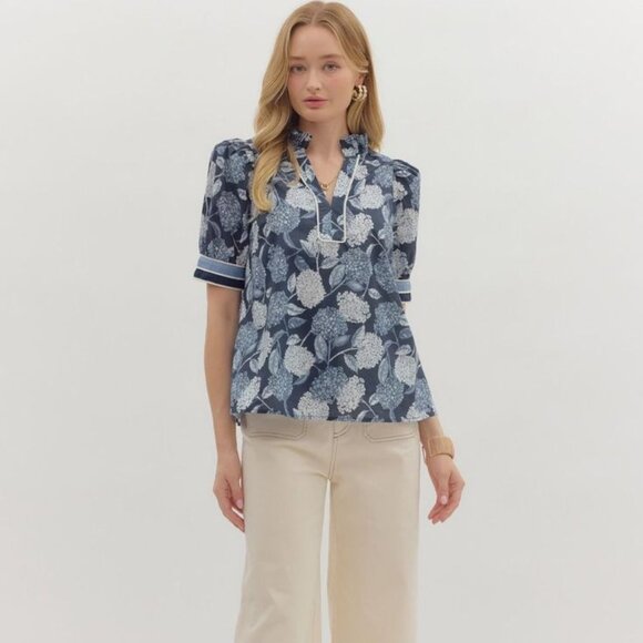 Women's Blue Floral Hydrangea Puff Sleeve Top Entro Size Medium - Picture 4 of 7